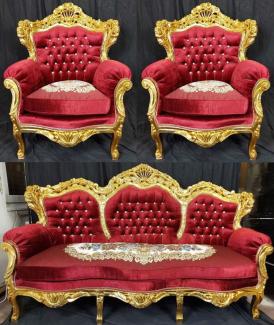 Casa Padrino Barock Wohnzimmer Set Bordeauxrot / Mehrfarbig / Gold - 1 Barock Sofa & 2 Barock Sessel - Wohnzimmer Möbel im Barockstil - Barock Möbel - Barock Wohnzimmer Einrichtung