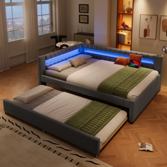 Merax Polsterbett mit ausziehbarem Bett, Ladefunkion & LED, Leinen Grau, 140 x 200 cm