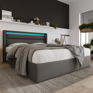 Polsterbett mit LED-Beleuchtung, Stauraum und hydraulischem Lattenrost, Grau Kunstleder Bezug,160x200 cm