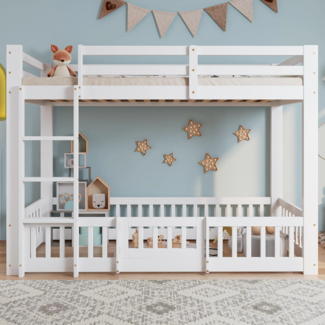 Etagenbett mit 2 Schlafgelegenheiten, Rausfallschutz, Lattenrost, Tür und Leiter, 90x200 cm, Hochbett, Holzbett, Kinderbett, Kiefer