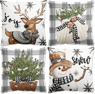 FOUORTUNATE-BEE Kissenbezug 4er Set Kissenbezug Weihnachten Winter Zierkissenbezug, (4 Stück), Schneemann Rentier Handschuhe Holly Büffel Plaid