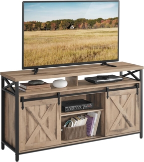 VASAGLE TV-Schrank, Lowboard für Fernseher bis zu 65 Zoll, mit verstellbaren Ablagen, rustikale Tür, Landhausstil, Metallgestell, Kamelbraun-schwarz