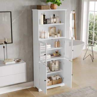 Badezimmerschrank Hochschrank Weiss 57x28 cm Feuchtigkeitsbeständig Lack mit Glas und Holz Türen Badmöbel 160cm