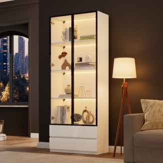 Merax 200cm Vitrine, Hochschrank mit LED-Leuchten, Wohnzimmer-Beistellschrank mit 2 Türen, Vitrinenschränke mit 2 Schubladen, Aufbewahrungsregale, Bücherregal, Display Regal, Weiß
