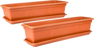 Centi Blumenkasten Balkonkasten Fensterbank außen mit Untersetzer (Spar Set, 2 St, 80 cm), Blumenkästen Balkon eckig, Terracotta, Made in EU