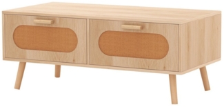 COSTWAY Couchtisch, Rattan, mit Schubladen, Fach, massiven Holzbeinen, 100cm