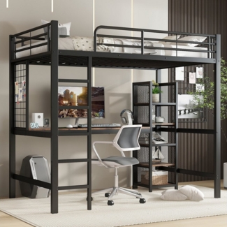 Merax Hochbett (1-St, Jugendbett Eisenbett Metallbett Einzelbett) Kinderbett 90x200cm mit Schreibtisch Ablageregal Metallgitter Leiter