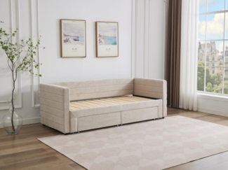 Vente-unique - Ausziehbett + Matratzen - 2 x 80 x 200 cm - Mit ausziehbarem Lattenrost & Schubladen - Strukturstoff - Beige - CAMITY