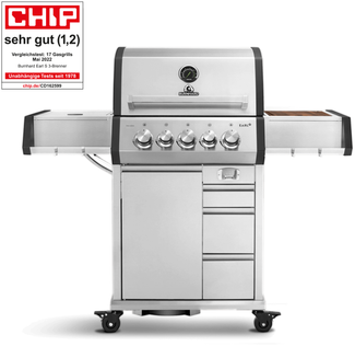 BURNHARD® Gasgrill 3-Brenner inkl. Heckbrenner, mit Edelstahl-Grillrost, inkl. stabiler Abdeckhaube, Seitenkochfeld mit Infrarot Keramikbrenner, Schwarz - EARL - Schwarz - #946624