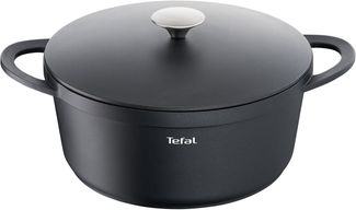 TEFAL TRATTORIA E21853 Schmortopf| Aluguss | Gussdeckel | Antihaft-Beschichtung| gute Wärmespeicherung | für Schmorgerichte | Silikon Griffschutz inkl. | Bratentopf | induktionsgeeignet|Schwarz, 28cm