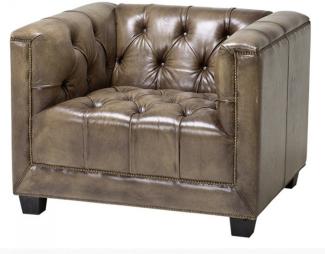 Casa Padrino Chesterfield Luxus Echt Leder Sessel Kubus Vintage Leder Olive - Club Sessel