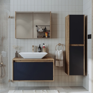 Roomart Badmöbel Set ATLANTIC 4-teilig 85 cm in 5 Farben Unterschrank mit Keramikwaschbecken • Spiegelschrank • Hochschrank