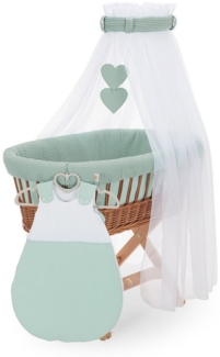 FabiMax Stubenwagen Natur, 2 in 1 Musselin / Waffelpiqué Komplettset Grün mit Schlafsack