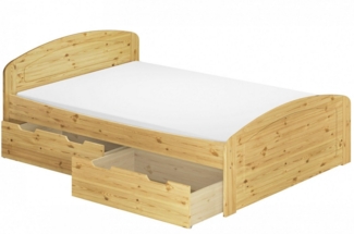 ERST-HOLZ Stauraumbett Doppelbett 140 x 200 Kiefer Massiv Rollrost Matratze, Kieferfarblos lackiert