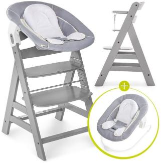 Hauck Hochstuhl Alpha Plus Grey - Newborn Set (Set, 4 St), Holz Babystuhl ab Geburt mit Aufsatz für Neugeborene höhenverstellbar