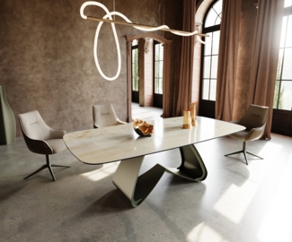 Esstisch Edge Boot 240x120 cm Keramik Iris FMG Onice Oro W-Gestell Metall Effektfinish Titan