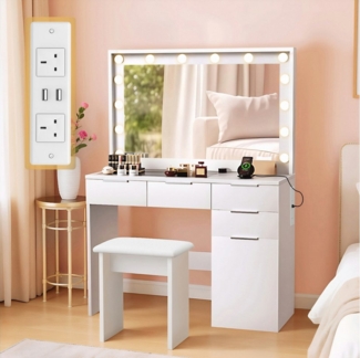 oyajia Schminktisch LED Schminktisch-Set mit Stuhl, Gehärtete Glasplatte, mit Ladefunktion (Schlafzimmermöbel Vanity Set, verstellbare dreifarbige Kosmetikspiegel mit 12 LEDs, Touch-Dimmen), Make-up Tisch mit 5 Schubladen und USB-Anschluss