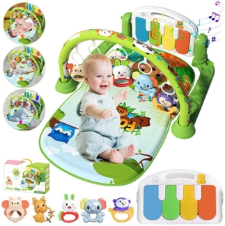 Krabbeldecke Spielmatte mit Spielbogen Baby Lernmatte Spieldecke Erlebnisdecke, ZEUOPQ, mit lustigen Tiermotiven und 5 hängende Cartoon-Spielzeuge.