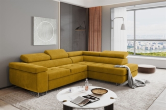 Couchgarnitur JADE Stoff Gelb mit Schlaffunktion Ottomane Rechts