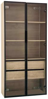 IDEASY Glasvitrine Vitrine,Hochschrank,Badezimmerschrank,Aufbewahrungsschrank (mittel, mit Lichtleiste, mit 2 großen Schubladen und 2 Türen) Glastür,155*74*36cm,Staubgeschütztes,LED-Beleuchtung,MDF