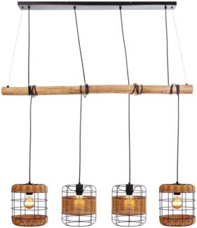 Hängelampe, Metall, Holz, Grasgeflecht, 4 Flammig, H 150 cm