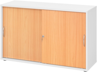 bümö Schiebetürenschrank 2OH - Aktenschrank abschließbar, Sideboard Schrank mit Schiebetüren in Weiß/Buche, Bogengriff - Büroschrank aus Holz mit Schiebetür, Büro Kommode für Ordner & Co, 1752S-W-6-BM