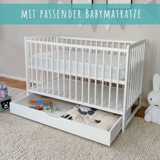 Kids Collective Babybett Gitterbett mit Schublade Kinderbett 60x120 höhenverstellbar, aus hochwertigem Kiefernholz, viel Stauraum, mit Matratze