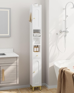 Badezimmerschrank, Badschrank Hochschrank, Hoher Badezimmer mit 2 Türen und Schublade, Offene Fach, Badschrank mit Verstellbarem Regal Für Wohnzimmer, Arbeitszimmer, Weiß