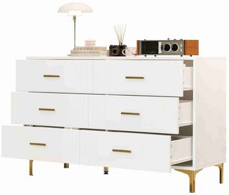 BlingBin Kommode (1 St, Mit 6 Schubladen, Goldene Griffe und goldene Füße), Vertikales Streifendesign, H76/B120/T40 cm, Weiß, MDF