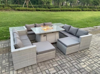 Fimous 11-Sitzer Polyrattan Gartenmöbel Set mit 3 Sofa; Gas Feuertisch und Sessel ;2 Großer Hocker; 2 Beistelltisch Outdoor Terrassen Essgruppe Helles Grau