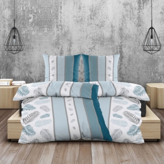 Casa Colori Bettwäsche Biber 135x200 cm Petrol Streifen & Federn, Biber, 4 teilig, 100% Baumwolle