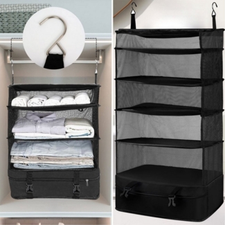 Jibenhome Organizer Faltbar Hängeregal Kleiderschrank, Hängeaufbewahrung Schrank 3/5Fächer, Hängeorganizer Hängender Stoffschrank mit Haken, Schrankorganizer
