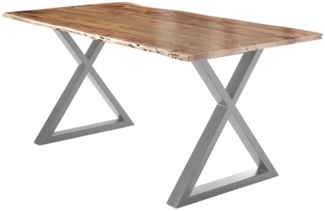 Esstisch Baumkante massiv Akazie natur 180x90 X-Gestell silber LUBIN 527477