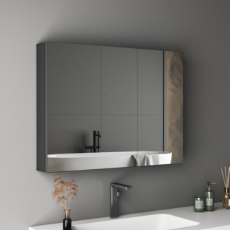 Hopibath Spiegelschrank Badezimmer 80 cm Breit Schwarz Badezimmerspiegelschrank 2 türig (Wandschrank Badschrank Eckig, Doppelseitiger Spiegel, Glasböden, Softclose-Scharnieren) 80x12,5x60cm