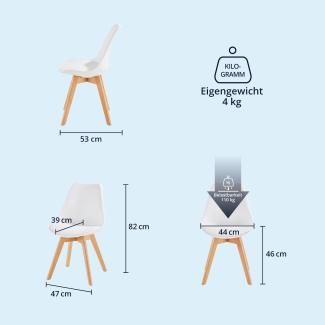 Esszimmerstühle Scandi Stil - Stuhlbeine aus Massivholz Buche - Kunststoff-Sitzschale mit Sitzpolster aus Kunstleder 1 Stuhl Weiß