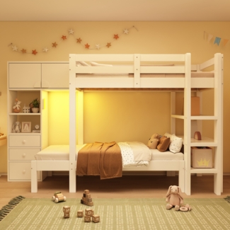Etagenbett mit LED-Nachtlicht, Schubladen & Regalen, Weiß Kinderhochbett platzsparend, Doppelbett mit Stauraum