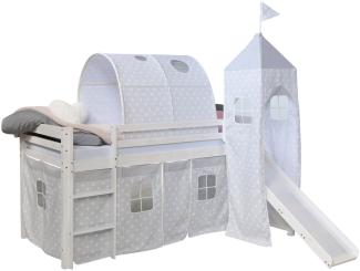 Homestyle4u Spielbett mit Tunnel, Rutsche und Turm, Stern, Kiefernholz grau, 90x200 cm