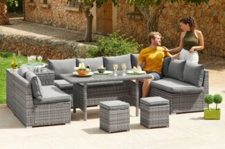 KONIFERA Gartenlounge-Set Kalamos, (Set, 23-tlg, 3er-Sofa, 2x 2er Sofa, Ecksofa, 2x Hocker, 2x Tisch, inkl. Auflagen), Polyrattan, Aluminium, 10 Personen, individuell aufstellbar