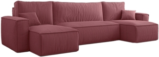 Selsey 'Scarlo U' U-Form-Sofa mit Schlaffunktion, Cordbezug in Dunkelrosa, 83 x 244 x 145 cm