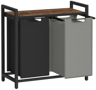 VASAGLE Wäschekorb 2 Fächer, Wäschesammler mit Ablage, Wäschebox, Wäschesack aus Oxford-Gewebe abnehmbar, Metallrahmen, 2 x 46 L, 73 x 33 x 72 cm, tintenschwarz-taubengrau-vintagebraun