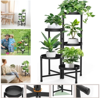Jibenhome Pflanzentreppe 5 Ablagen Pflanzenständer Blumenständer Faltbares Eck-Pflanzenregal, Rund Blumentreppen,Schwarz für Zimmerecke,Garten,Balkon,Terrasse,Hof