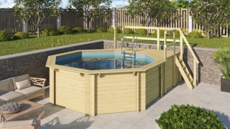 Karibu Pool Modell 1B Classic 400x480 cm, Holz kdi mit blauer Poolfolie
