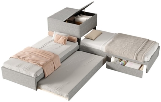OKWISH Polsterbett zwei Einzelbett mit Ausziehbett (Funktionsbett mit Stauraum, Eckbett, 1-tlg, 90x200 cm, ohne Matratze, Leinen), mit Stauraumschrank, mit Stauraumschublade
