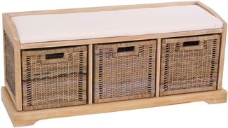 Sitzbank Bienne, Aufbewahrungsbox, 3 Körbe, Kubu-Rattan-Geflecht, 112x46x37cm ~ hell