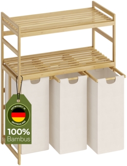 Bellamio 'Newa' Wäschesammler aus Bambus, beige, inkl. 3 Wäschesäcke je 50 Liter aus Oxford-Gewebe, ausziehbar, mit 2 Ablagen