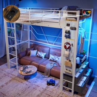 Merax Hochbett Etagenbett 90x200cm mit Schubladen und Kleiderstange, Jugendbett mit Ladefunktion und Led, Kinderbett Metallbett mit Lochbrett Weiß