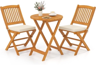 3tlg. Gartenmöbel Set Akazienholz klappbar Rundtisch 2 Stühle Kissen Beige