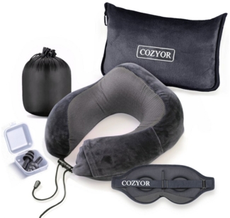 Cozyor Nackenstützkissen Memory Nackenkissen mit verstellbarem Verschluss + praktischer Tasche, Bezug: waschbarer Bezug, Set, Reise-Set mit Reisedecke & Augenmaske