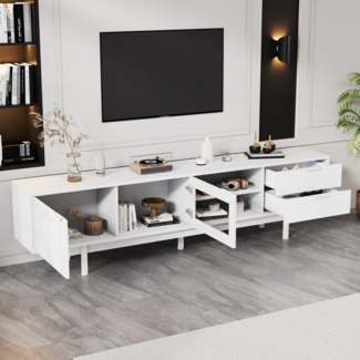 Fernsehschrank Lowboard Mit 2 Türen und 2 Schubladen TV-Ständer mit großem Stauraum Wohnraumschrank Geeignet für 80-Zoll MDF Weiß 200 x 40 x 50.5 cm
