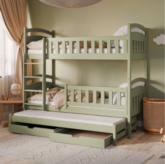 Kids Collective Etagenbett Hochbett Stockbett Kinderbett 90x200 cm mit Ausziehbett und Schubladen (Modell 2025), Umbaubar zu 3 Einzelbetten mit Lattenrosten & Rausfallschutz, Olivgrün